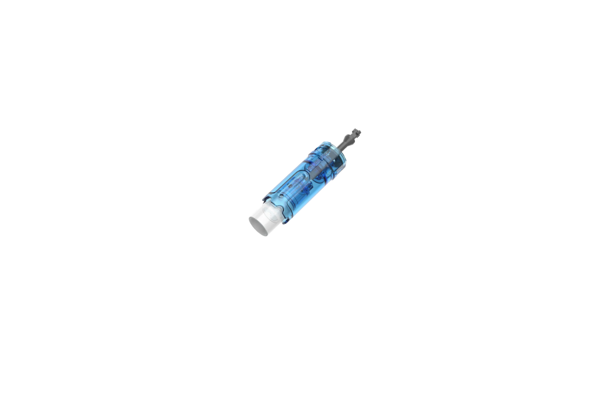 A small transparent blue cylindrical cartridge with a white end cap and a dark connector on one side, shown alone on a plain white background.