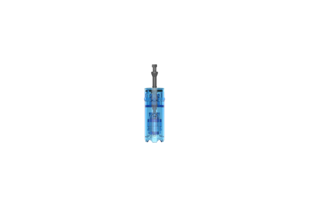 A translucent light blue cylindrical dermapen cartridge with a dark gray mouthpiece, centered on a solid white background.