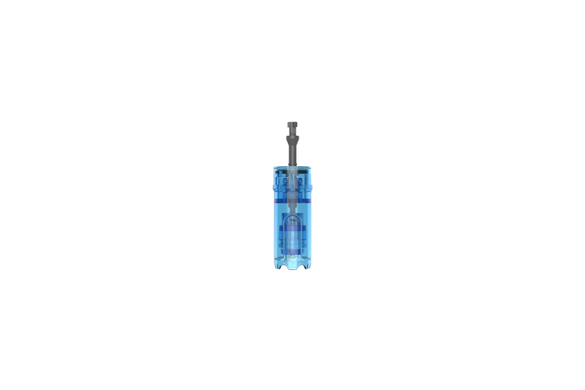 A translucent light blue cylindrical dermapen cartridge with a dark gray mouthpiece, centered on a solid white background.