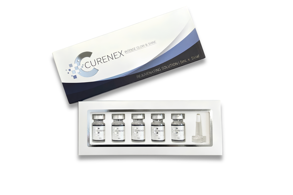 Curenex Intense Eye & Vision supplement kit containing five vials and a dropper in a white tray, shown next to its white and navy blue outer packaging box on a white background.