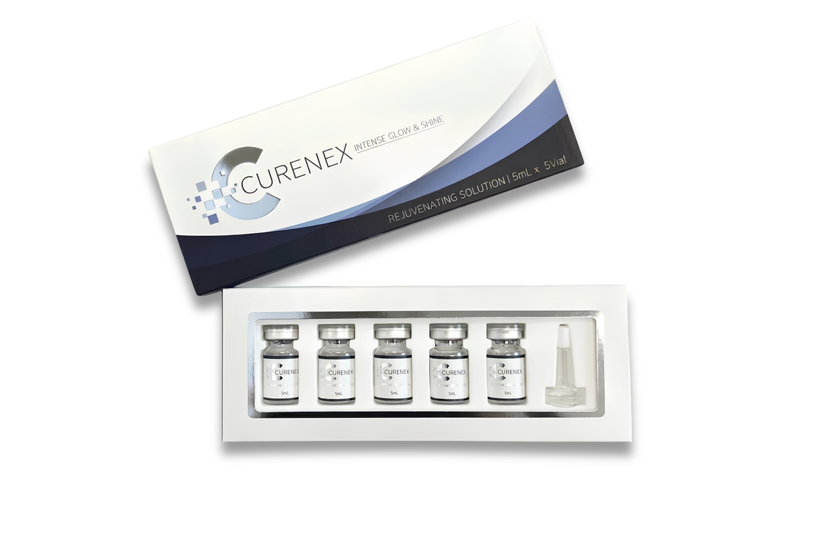Curenex Intense Eye & Vision supplement kit containing five vials and a dropper in a white tray, shown next to its white and navy blue outer packaging box on a white background.