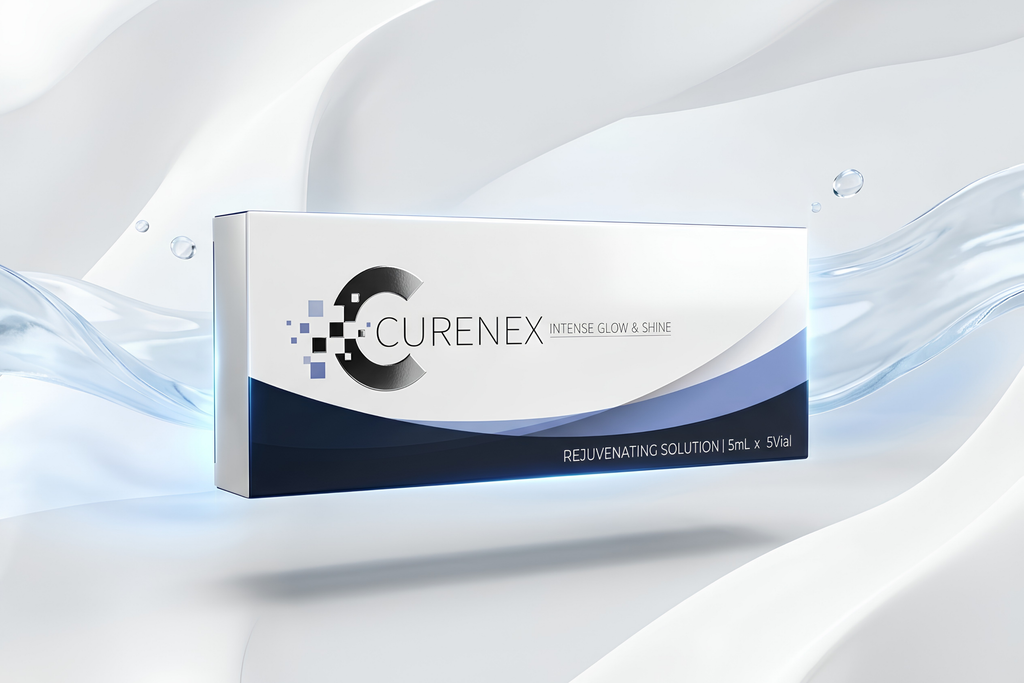 Curenex Intense Glow & Shine Rejuvenating Solution 5ml box packaging, displayed on a clean, stylized white background with flowing water-like textures.