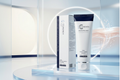Curenex Balancing Cleansing Cream tube and its matching outer box, displayed on a modern, reflective light blue and white circular platform.