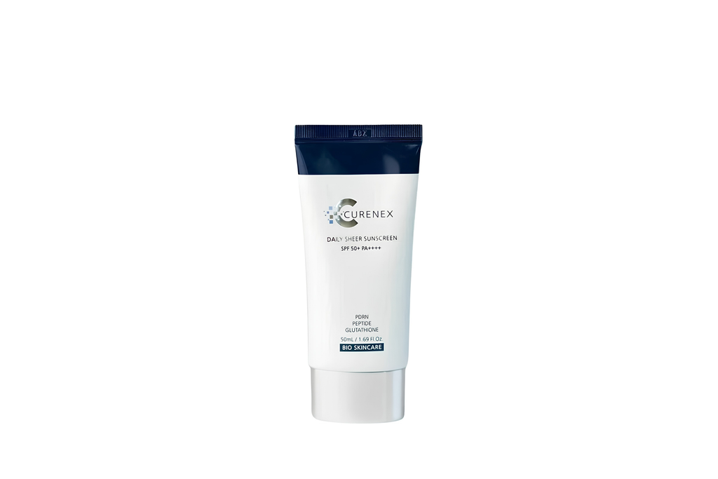 A white squeeze tube of Curenex Daily Ultra Dry Skin SPF 50+ with a dark navy blue cap, centered on a plain white background.