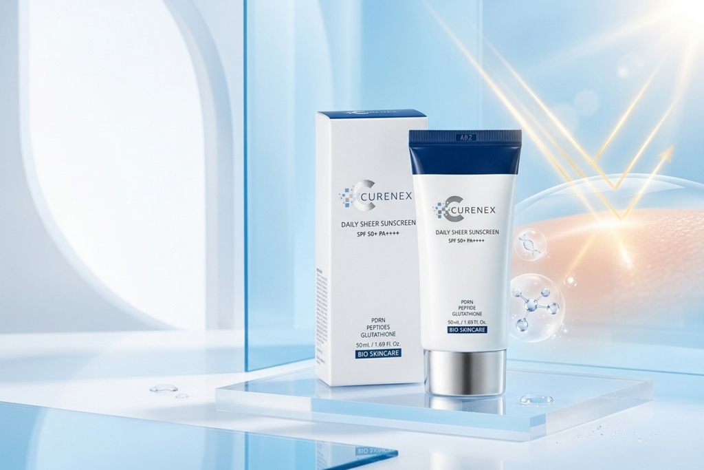 Curenex Daily Sheer Sunscreen SPF 50+ shown as a white tube with a dark blue cap next to its matching white and blue packaging box, displayed on a reflective clear acrylic stand against a futuristic light blue and white background.