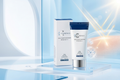 Curenex Daily Sheer Sunscreen SPF 50+ shown as a white tube with a dark blue cap next to its matching white and blue packaging box, displayed on a reflective clear acrylic stand against a futuristic light blue and white background.