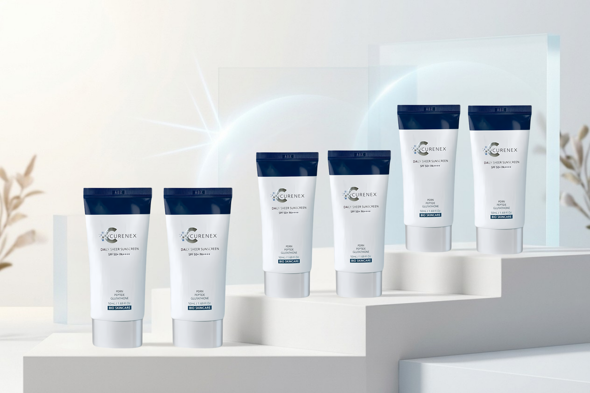 Six tubes of CeraVe Skin Vision Moisturizing Cream arranged on white display steps against a bright, clean studio background with soft light effects.