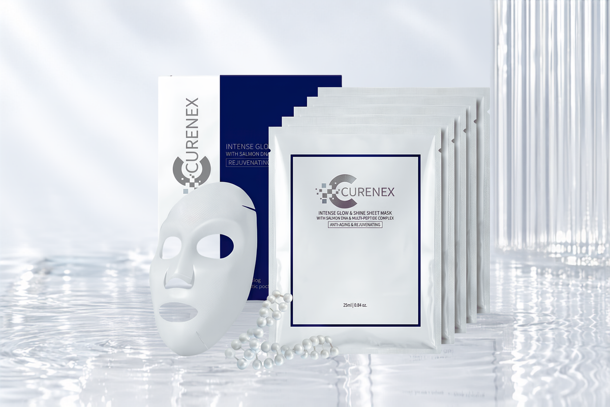 Curenex Intense Glow + Time Sheet Mask packaging with multiple white sachets, a white sheet mask, and a blue-and-white box on a glossy white reflective surface.