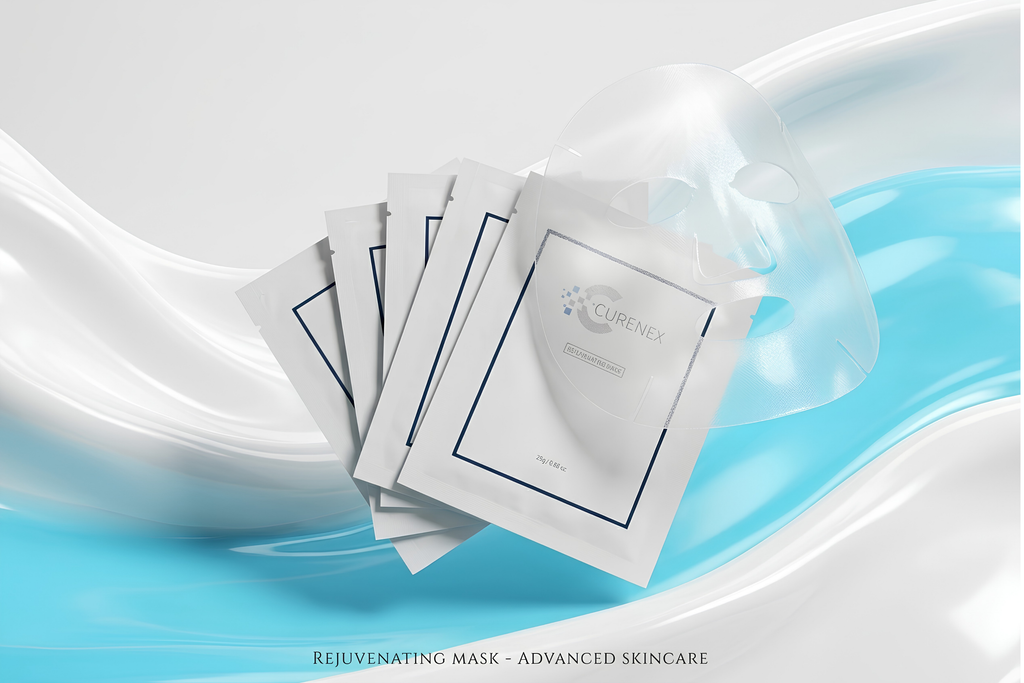 Five white skincare mask packets fanned out with a clear sheet mask partially draped over them, set against a glossy white and light blue abstract liquid background. Text at the bottom reads 'REJUVENATING MASK - ADVANCED SKINCARE'.