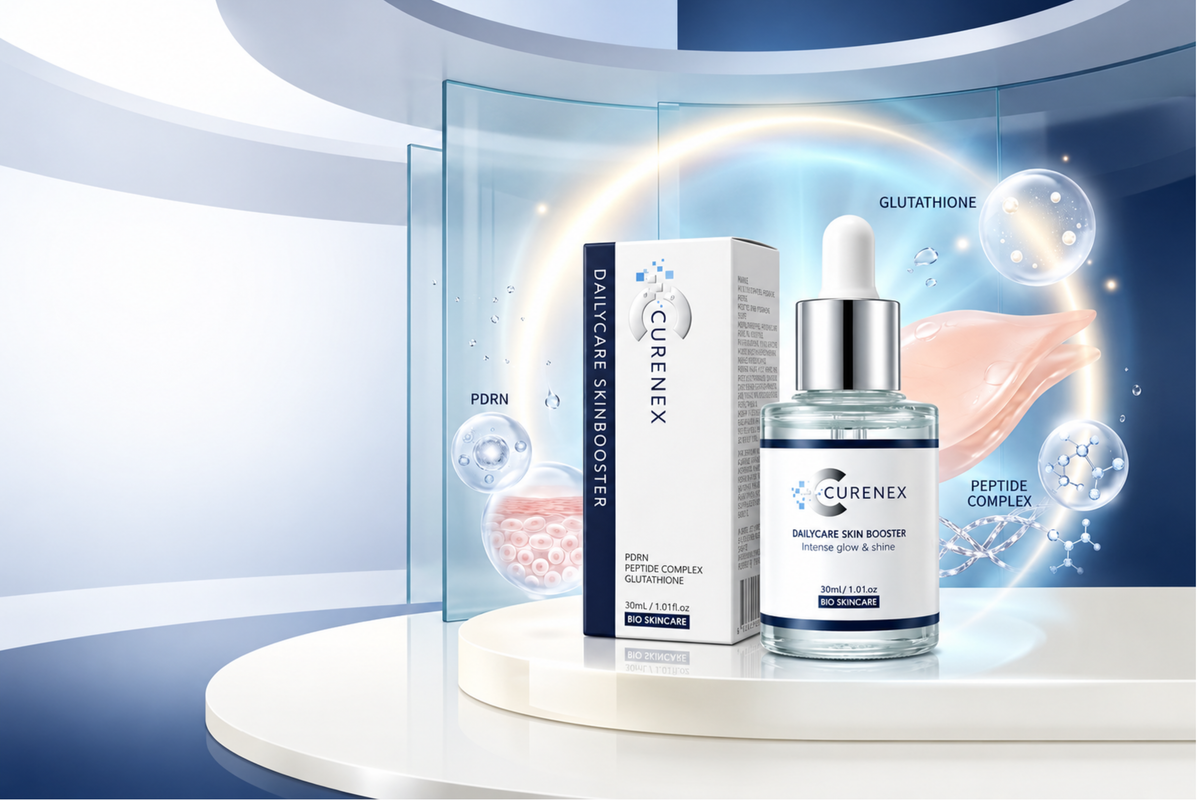 Curenex Skincare Serum Booster serum bottle with dropper and its white packaging box, displayed on a white pedestal with a blue and white futuristic studio background.