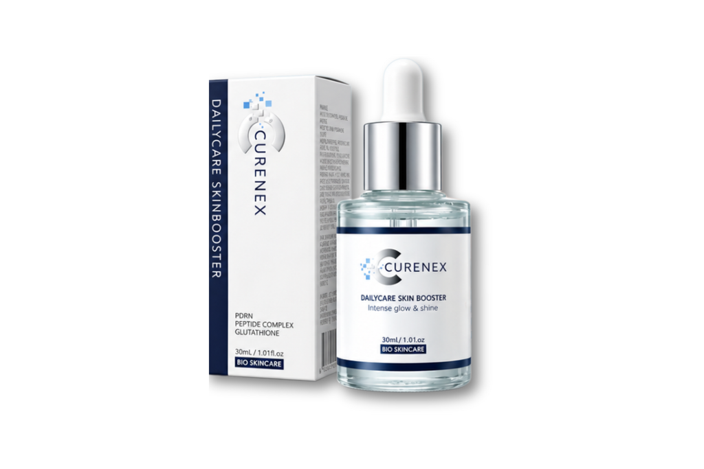 Curenex DailyCare Skin Booster serum in a clear glass dropper bottle next to its white and navy blue packaging box, on a clean white background.