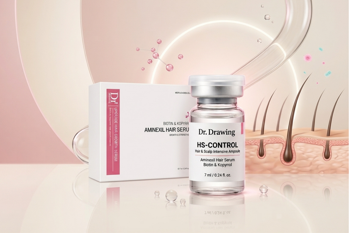 Dr. Drawing Aminexil Hair Serum vial and its white packaging box, set against a stylized pink and beige background with hair follicle graphics.