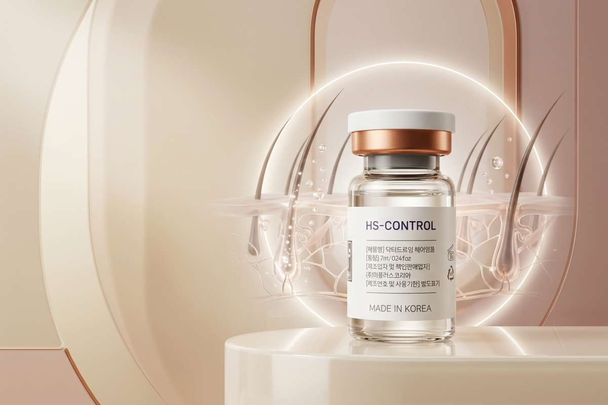 A small cosmetic vial labeled HS-CONTROL and MADE IN KOREA, with a white cap and metallic rose-gold collar, displayed on a pedestal against a soft beige and blush background with glowing circular light effects.