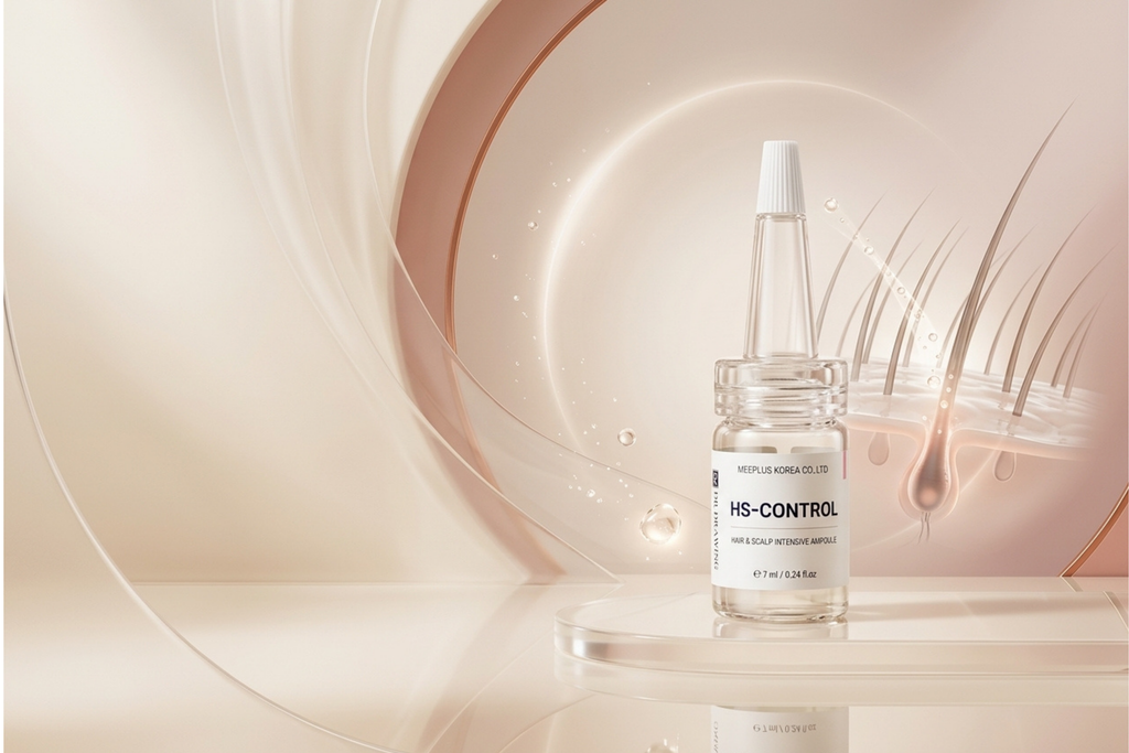 A clear glass dropper bottle labeled HS-CONTROL stands on a glossy surface against a soft beige and rose-gold abstract background with flowing lines and hair-like graphic elements.
