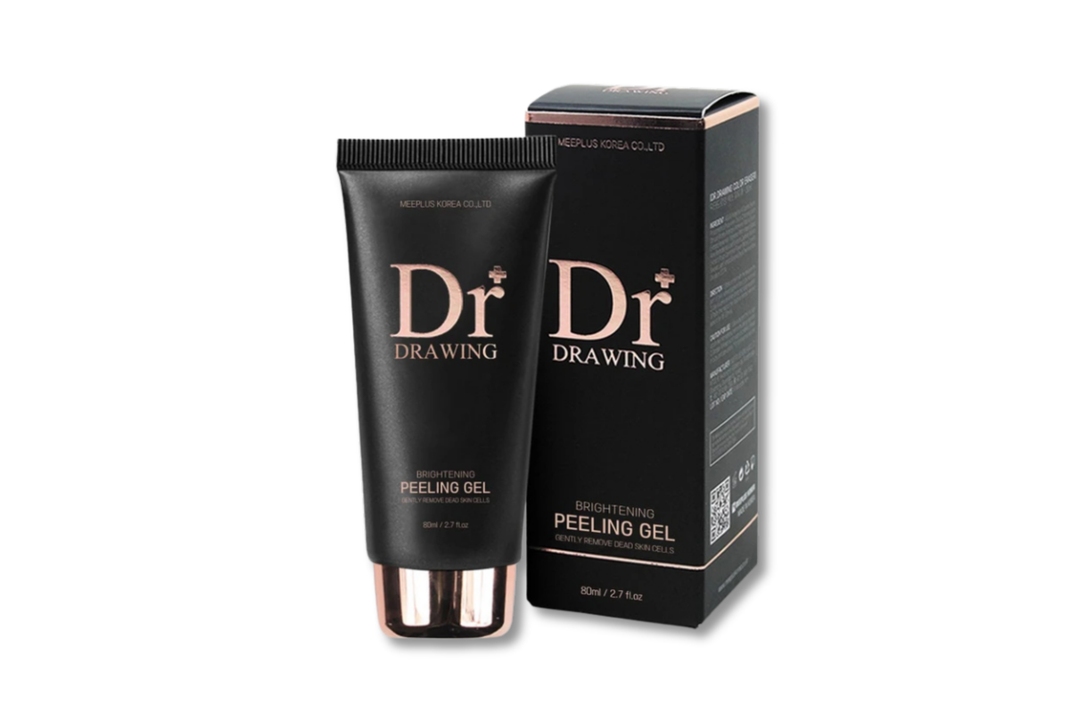 A black tube of Dr. Drawing Peeling Gel with a metallic rose gold cap stands next to its matching black and rose gold packaging box on a plain white background.
