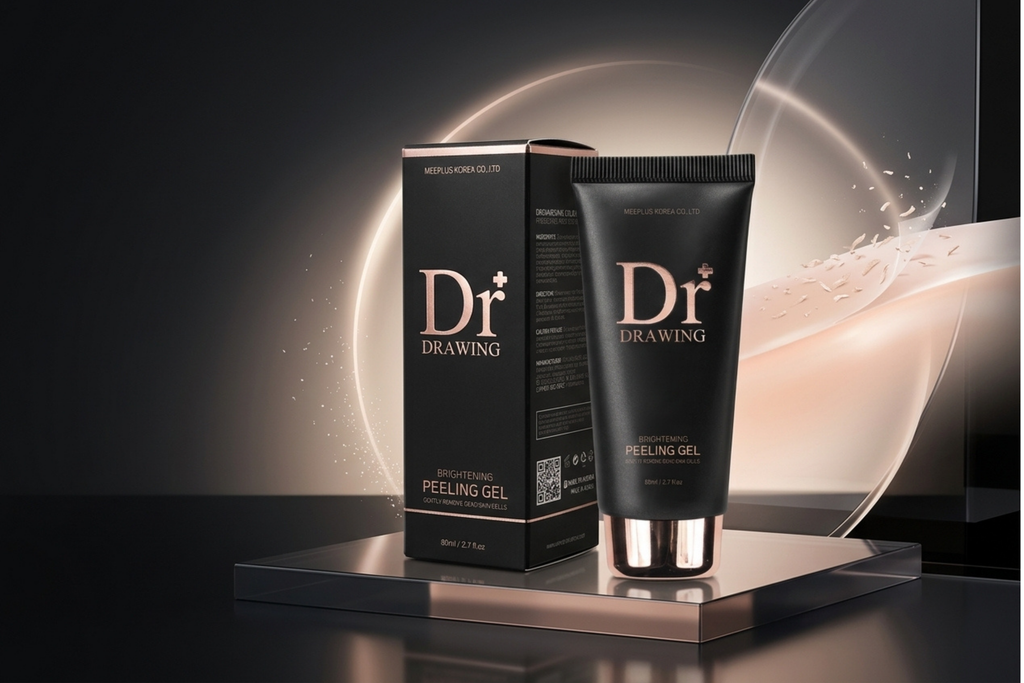 A black cosmetic tube and matching black box for Dr. Drawing Brightening Peeling Gel, displayed on a reflective metallic pedestal against a dark background with soft glowing circular light effects.