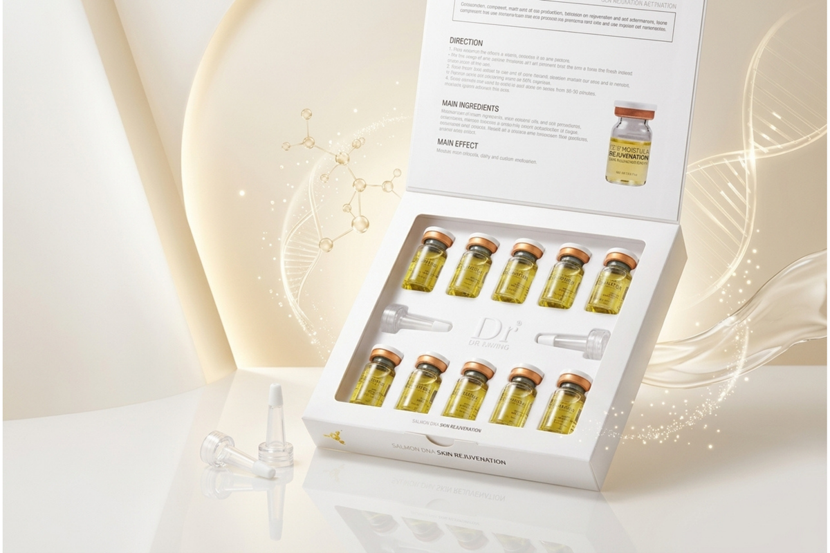 A boxed set of small glass ampoules containing yellow liquid, shown open on a clean white surface with a separate applicator tip nearby. The packaging is white with printed text and a small logo, and the background is a soft beige studio setup with decorative light effects.