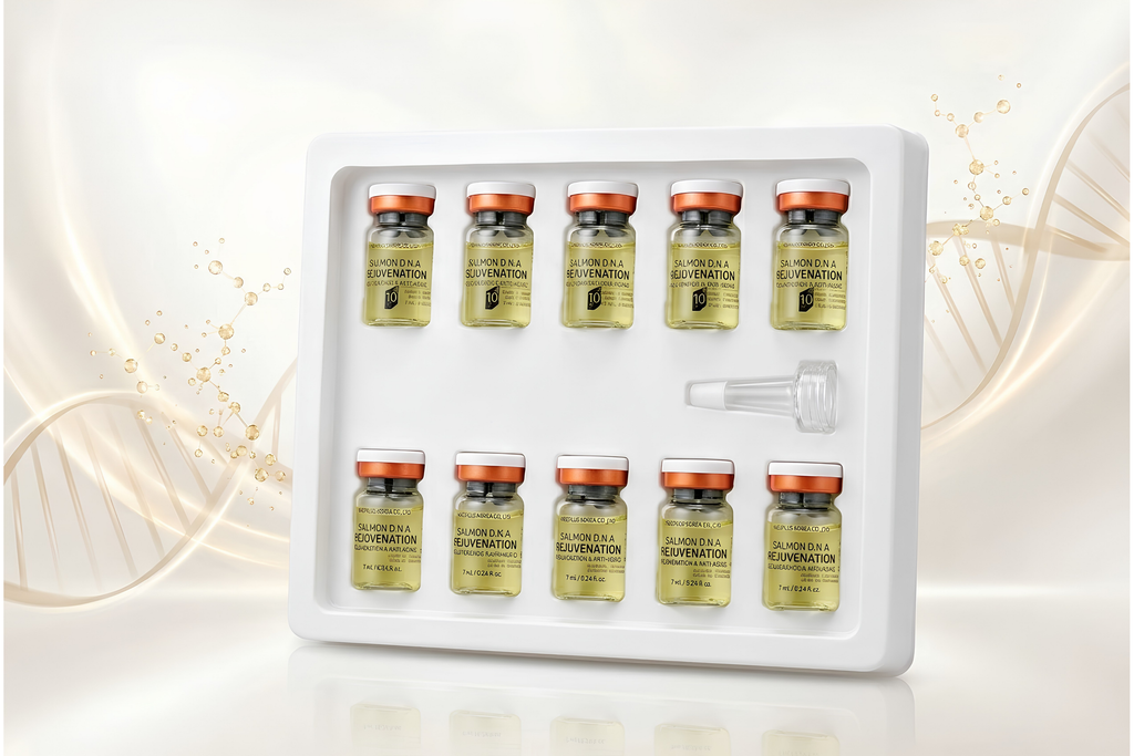 A white rectangular vial tray holding ten small cosmetic vials with pale yellow liquid and orange caps, plus a small pipette accessory, shown on a clean light background with subtle gold abstract graphics.
