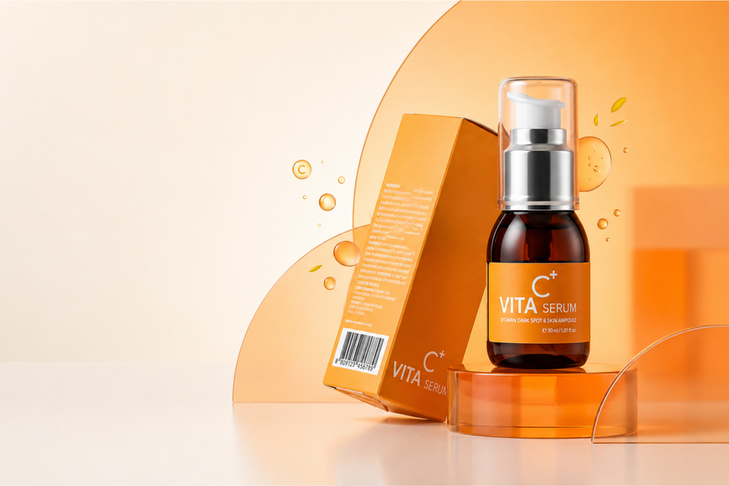 VITA SERUM skincare bottle with a clear cap and silver pump, shown beside its orange box on a clean beige-to-orange studio background.