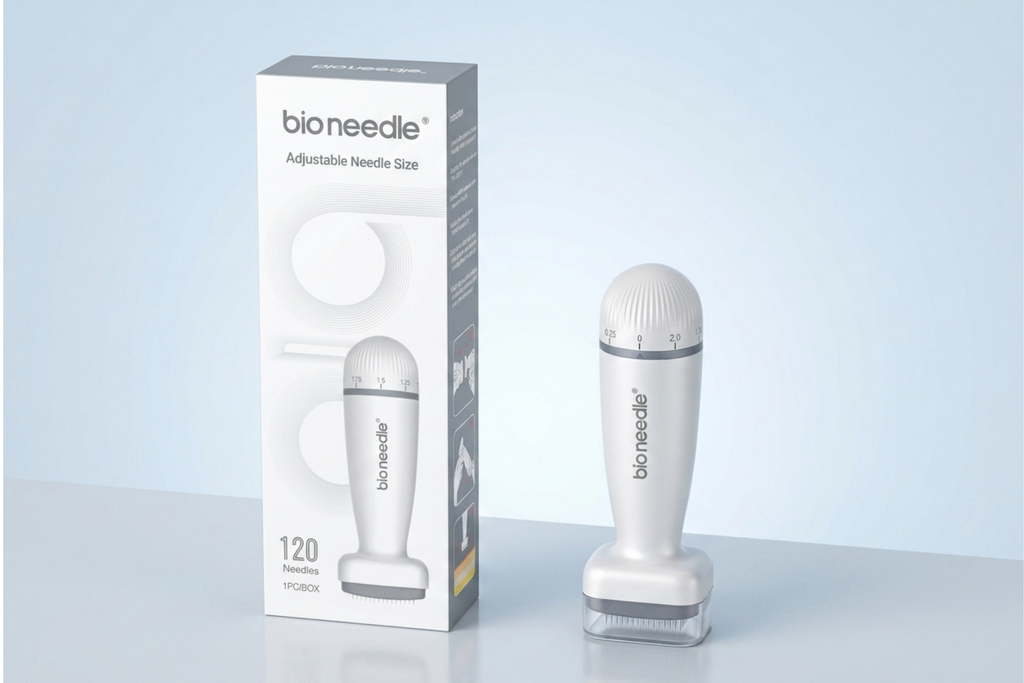 A white and gray bioneedle 120-minute adjustable needle size device shown next to its retail packaging box on a light blue-gray background.