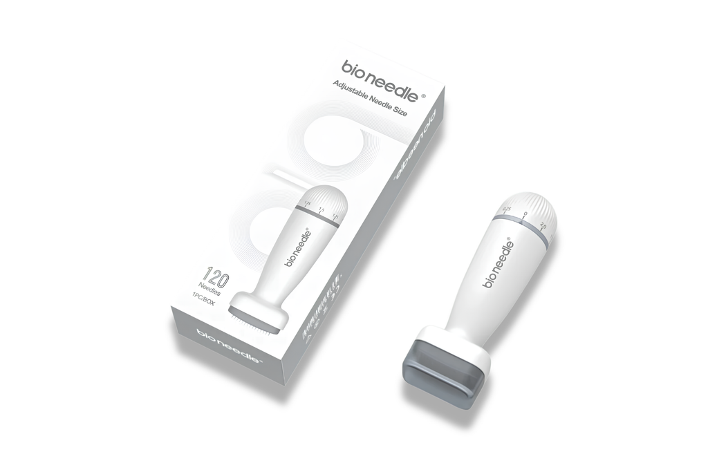A white and gray bioneedle adjustable handheld device shown next to its white retail box on a clean white background.