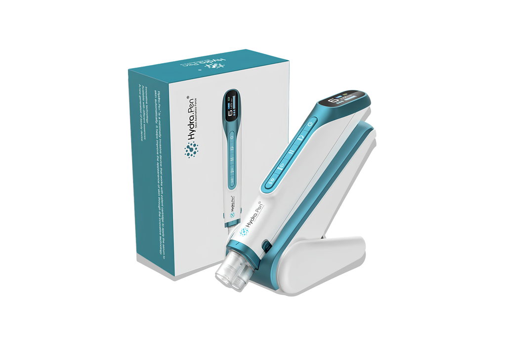 A handheld medical device in white and teal standing on a matching charging base, shown next to its retail box on a clean white background. The box displays the brand name 'HydraPro'.