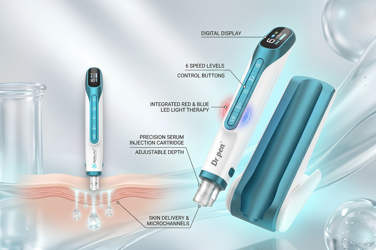 A handheld beauty device labeled Dr. pin, shown in a clean studio-style composition with callout labels explaining features such as a digital display, 6 speed levels, integrated red and blue LED light therapy, precision serum injection cartridge, and skin delivery and microchannels.