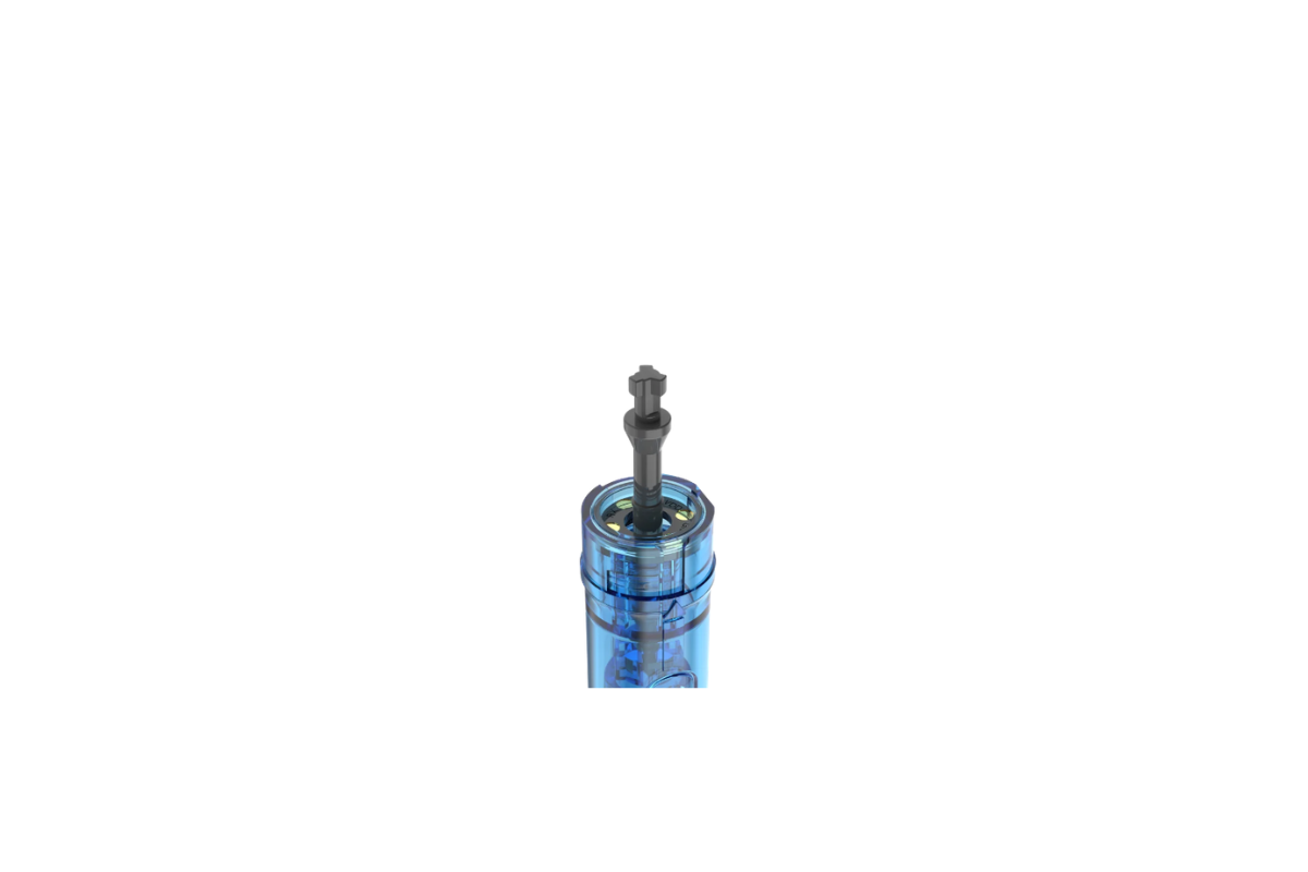 A close-up of a small cylindrical blue cartridge with a dark metallic threaded top, centered on a plain white background.