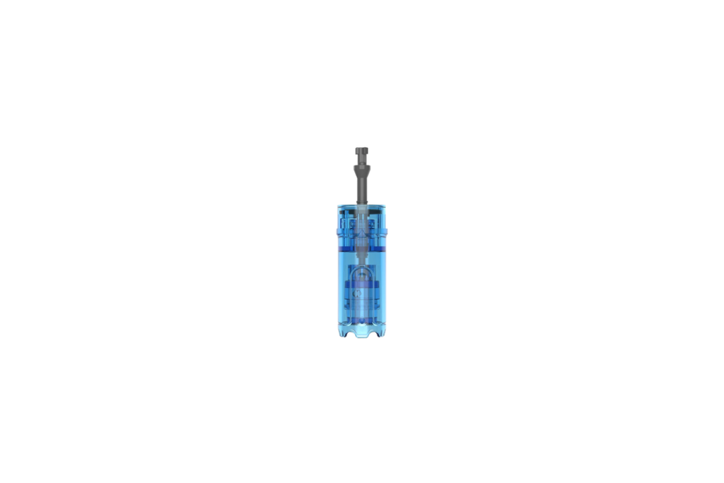 A small transparent blue cylindrical product with a dark gray central rod or handle, isolated on a plain white background.