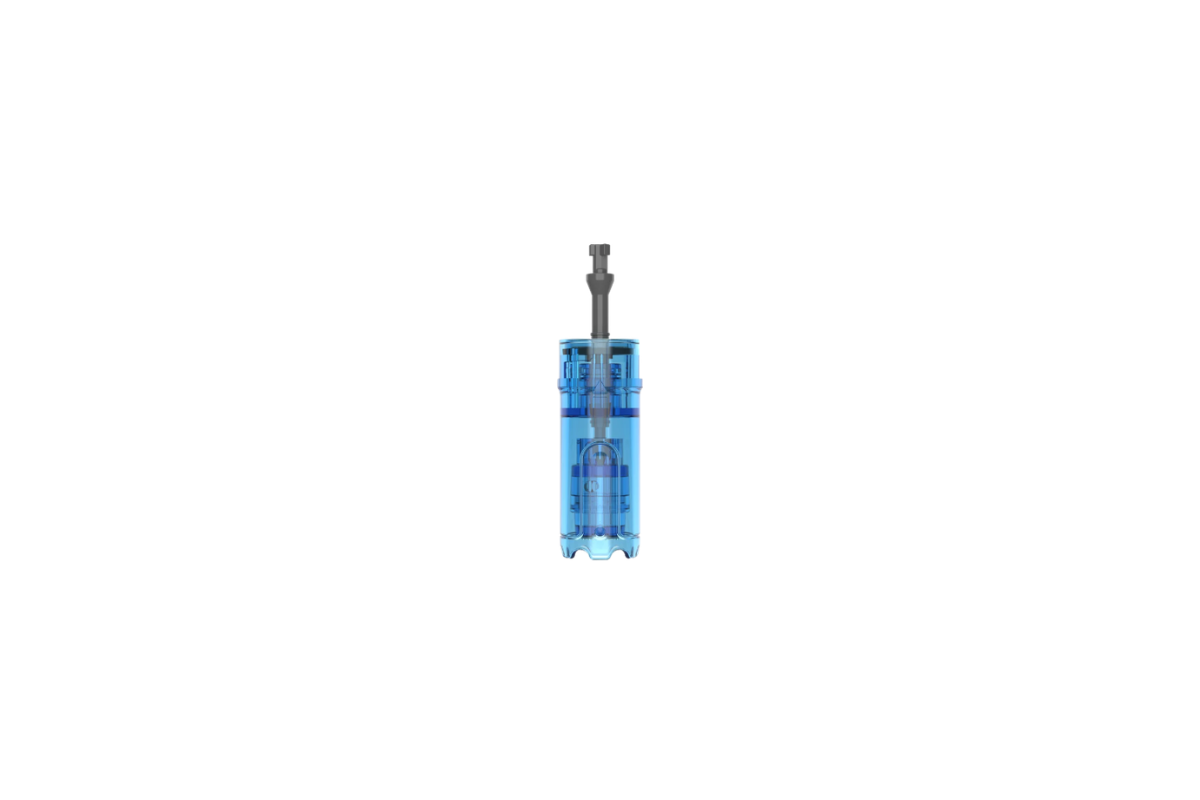A small transparent blue cylindrical product with a dark gray central rod or handle, isolated on a plain white background.