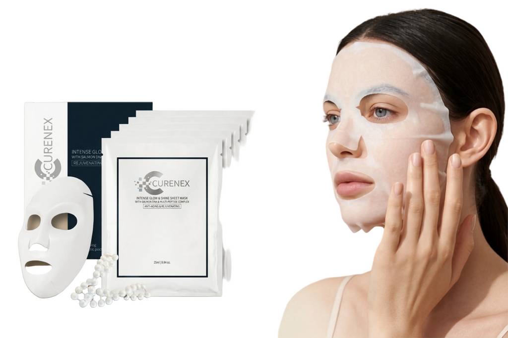 Curenex white sheet masks shown with several individual packets and a mask on the left, alongside a woman on the right applying a white face mask.