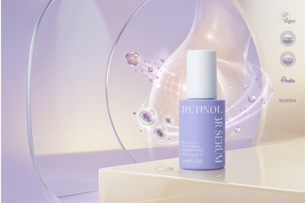 A lavender and white bottle of Retinol 3R Serum displayed on a beige pedestal with a soft, glowing purple and white background featuring abstract bubble graphics.