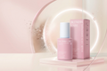 Blemish Care Radiance Glow Serum bottle and matching pink box displayed on a pedestal with a soft pink studio background and glowing circular light.